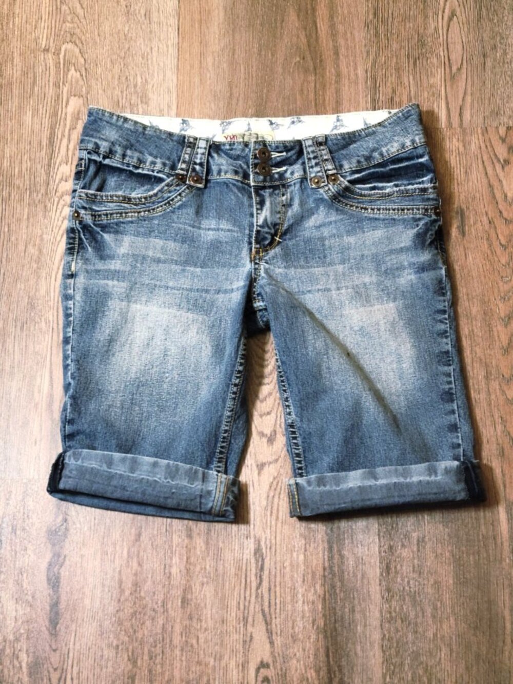 YMI Denim Bermuda Shorts Blue Distressed 2-Button Close 10" Cuffed Length Sz 11